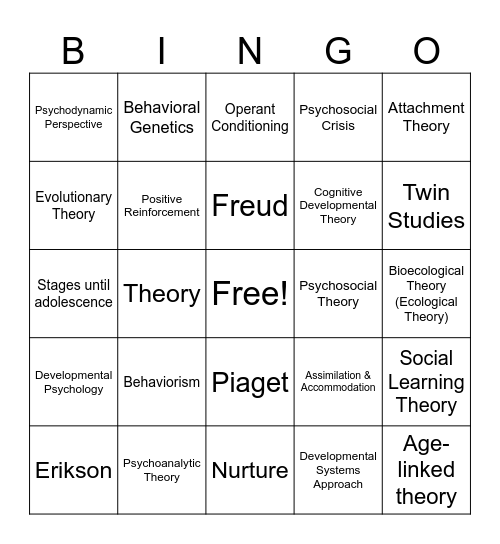 Developmental Theories Bingo Card