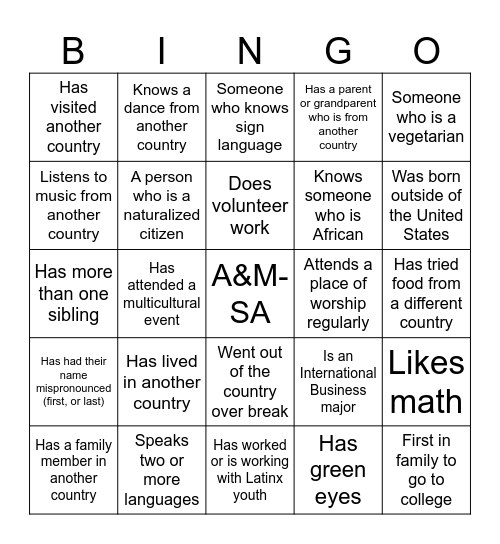 Multicultural/First Gen Social Bingo Card