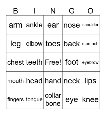 Body Vocabulary Bingo Card