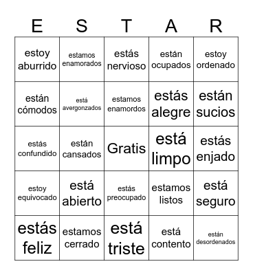 estar emotions and conditions, pg 198 Bingo Card