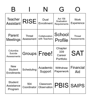 School Counselor BINGO Card