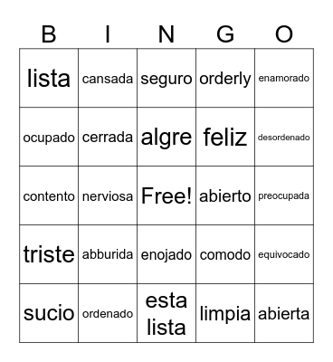 spanish Bingo Card