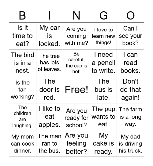 Sentence Bingo Card