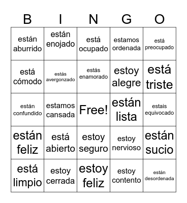 Adjectives that describe emotions and conditions. Bingo Card