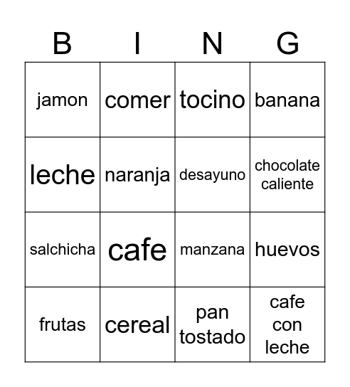 desayuno/breakfast Bingo Card