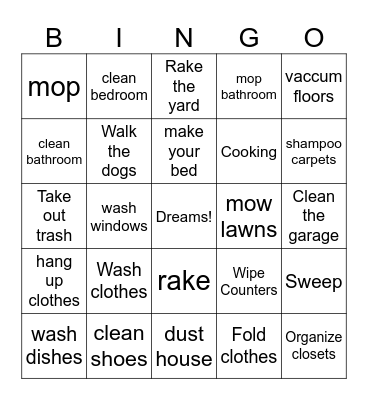 Things to do around the house Bingo Card