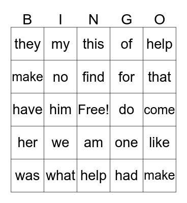 Kindergarten Sight Words Bingo Card