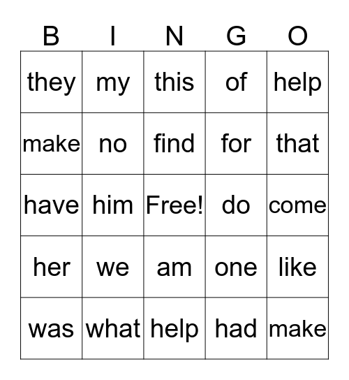 Kindergarten Sight Words Bingo Card