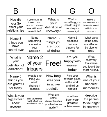 Recovery Bingo! Bingo Card