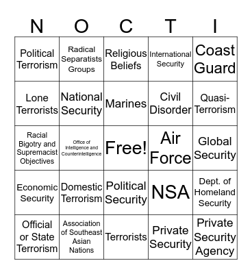 National, International, and Private Security Bingo Card