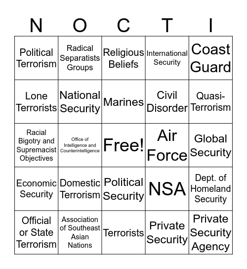 National, International, and Private Security Bingo Card
