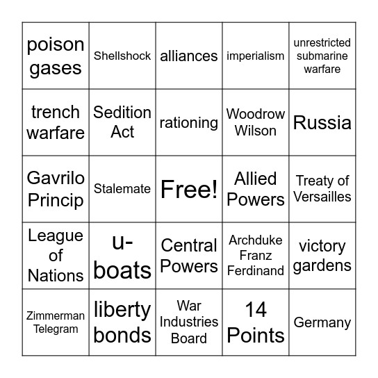 WWI Review Bingo Card