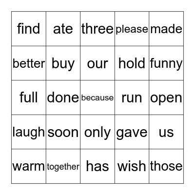 Ping Pong and Beach Ball Words Bingo Card