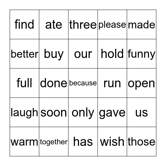 Ping Pong and Beach Ball Words Bingo Card