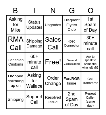 General Inquiry Bingo Card