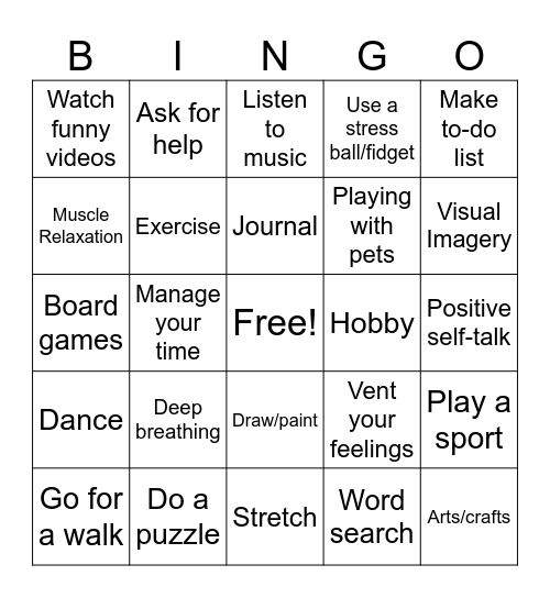 Coping Skills Bingo Card