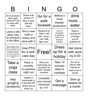 New Year Resolution Bingo Card