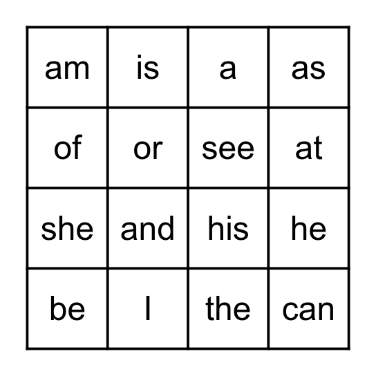 Sight Words Bingo Card