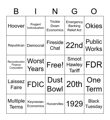 Great Depression Bingo Card