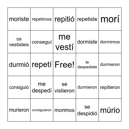 Spanish preterite Bingo Card