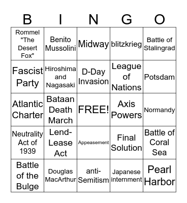 World War II Bingo Card