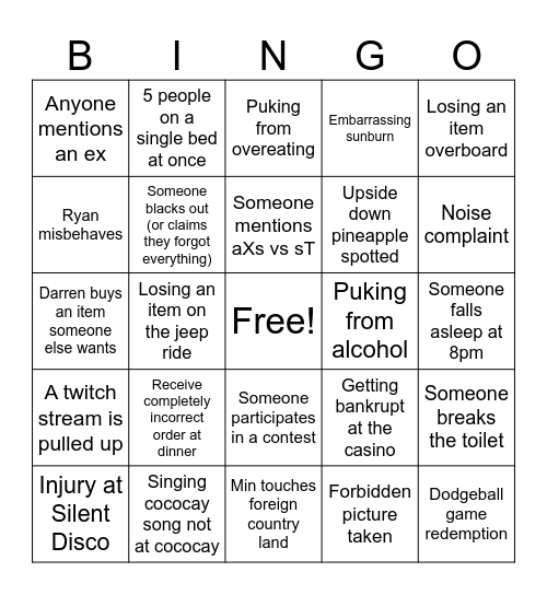 Cruise Bingo Card