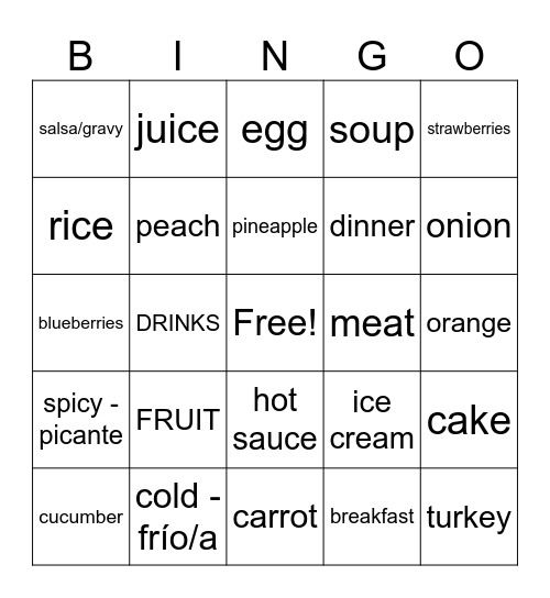 food, descriptions and table setting Bingo Card