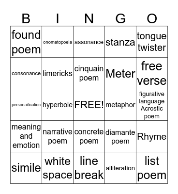 Poetry Vocabulary Bingo Card