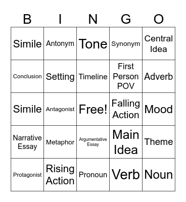 Middle School ELA Bingo Card