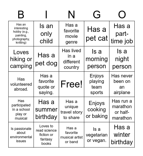 RELI 201 Icebreaker Bingo Card
