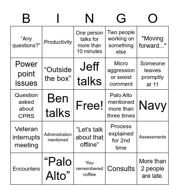 Work Meeting Bingo Card