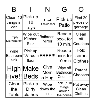 Clean Up Bingo Card