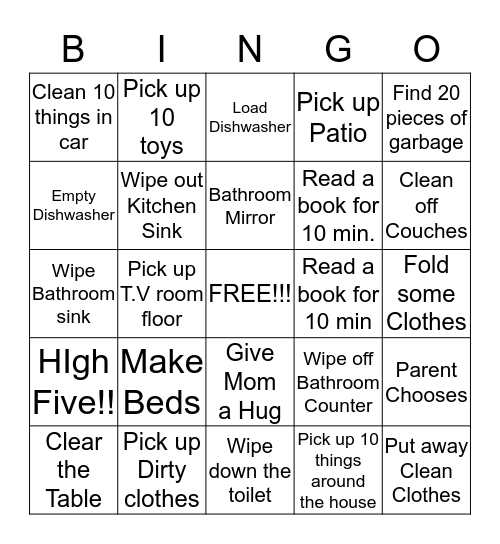 Clean Up Bingo Card