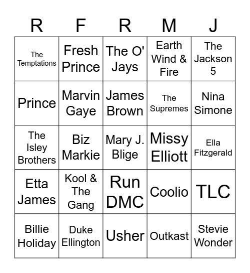 Black History Month Music Bingo Card