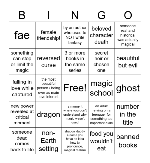 Book Club Fantasy Bingo Card