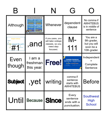 English 1 Bingo Card