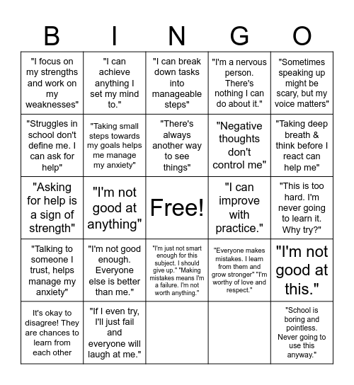 Growth & Fixed mindset Bingo Card