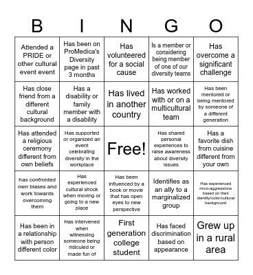 Team Diversity Bingo Card