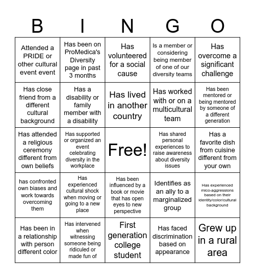 Team Diversity Bingo Card