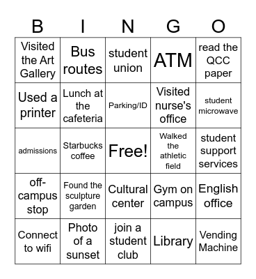Campus Exploration BINGO! Bingo Card
