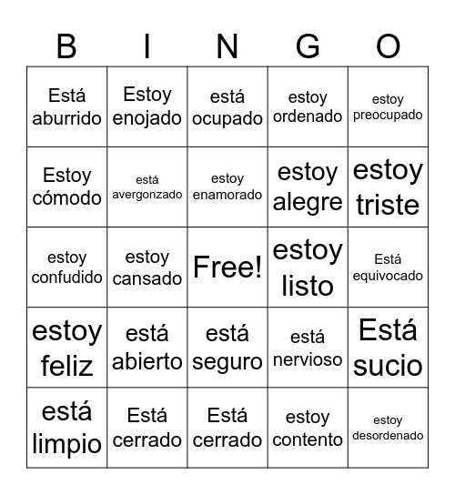 Spanish bingo Card