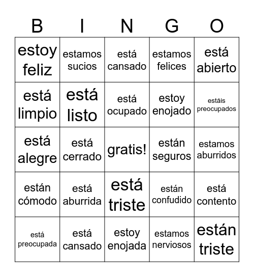 The verb estar Bingo Card