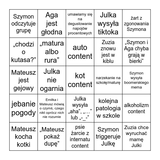 szyszki bingo Card