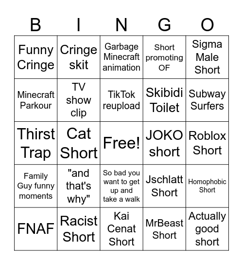 JOKO's Shorts Bingo Card