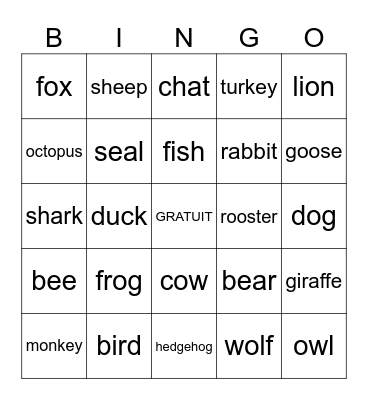 les animaux Bingo Card