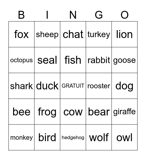 les animaux Bingo Card