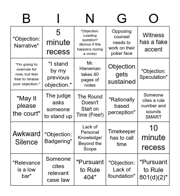 Mock Trial Bingo Card