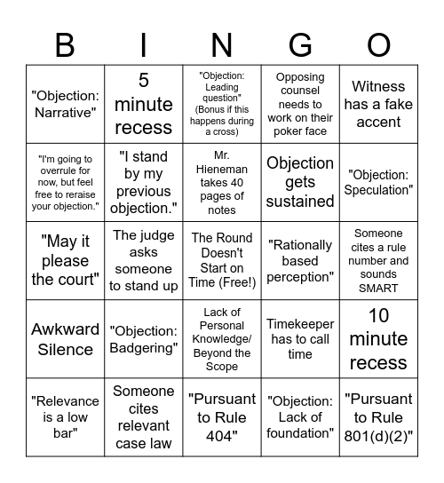 Mock Trial Bingo Card