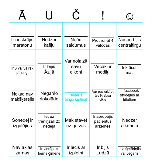 Iegūsti parakstu no kāda, kam atbilst lauciņā esošais! Bingo Card