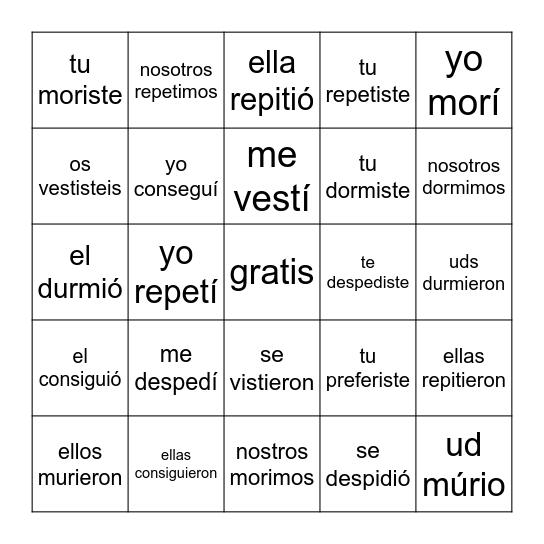 Spanish preterite #2 Bingo Card
